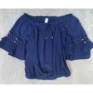 Junior Shirt Womens One Size‎ Blue Boho Fairy Y2K Cropped Beaded Rhinestone